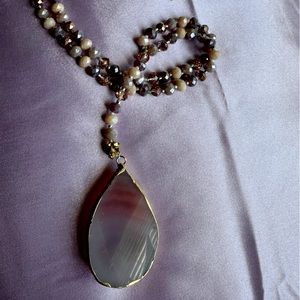 BOHEMIAN LONG BEADED NECKLACE WITH TEARDROP CRYSTAL PENDANT